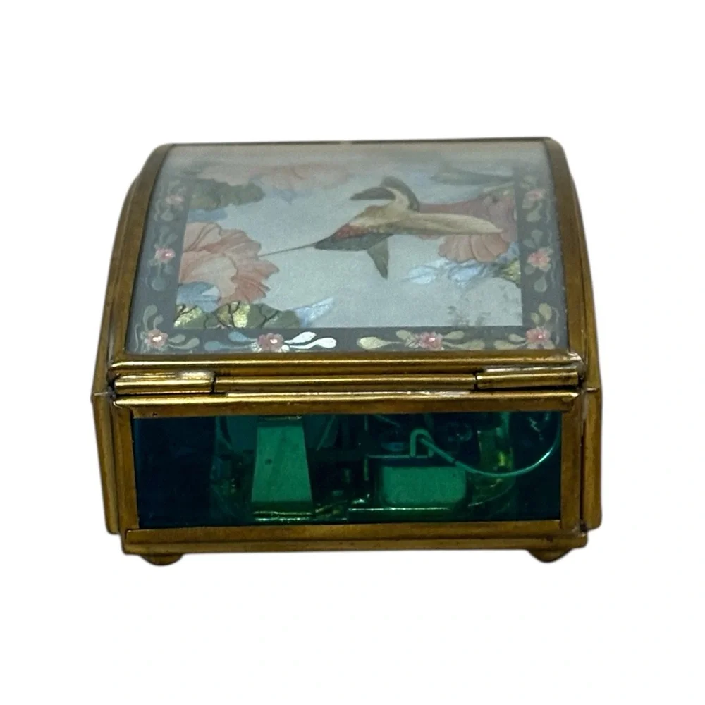 VTG Enesco Glass and Brass Jewelry Trinket Music Box With Floral & Hummingbirds